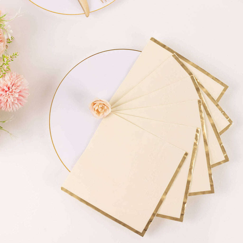 50 - Pack Paper Beverage Napkins with Gold Foil Edge Ivory - Disposable 2 Ply Cocktail Napkins for Events 6.5"x6.5" - Bell Racket Store