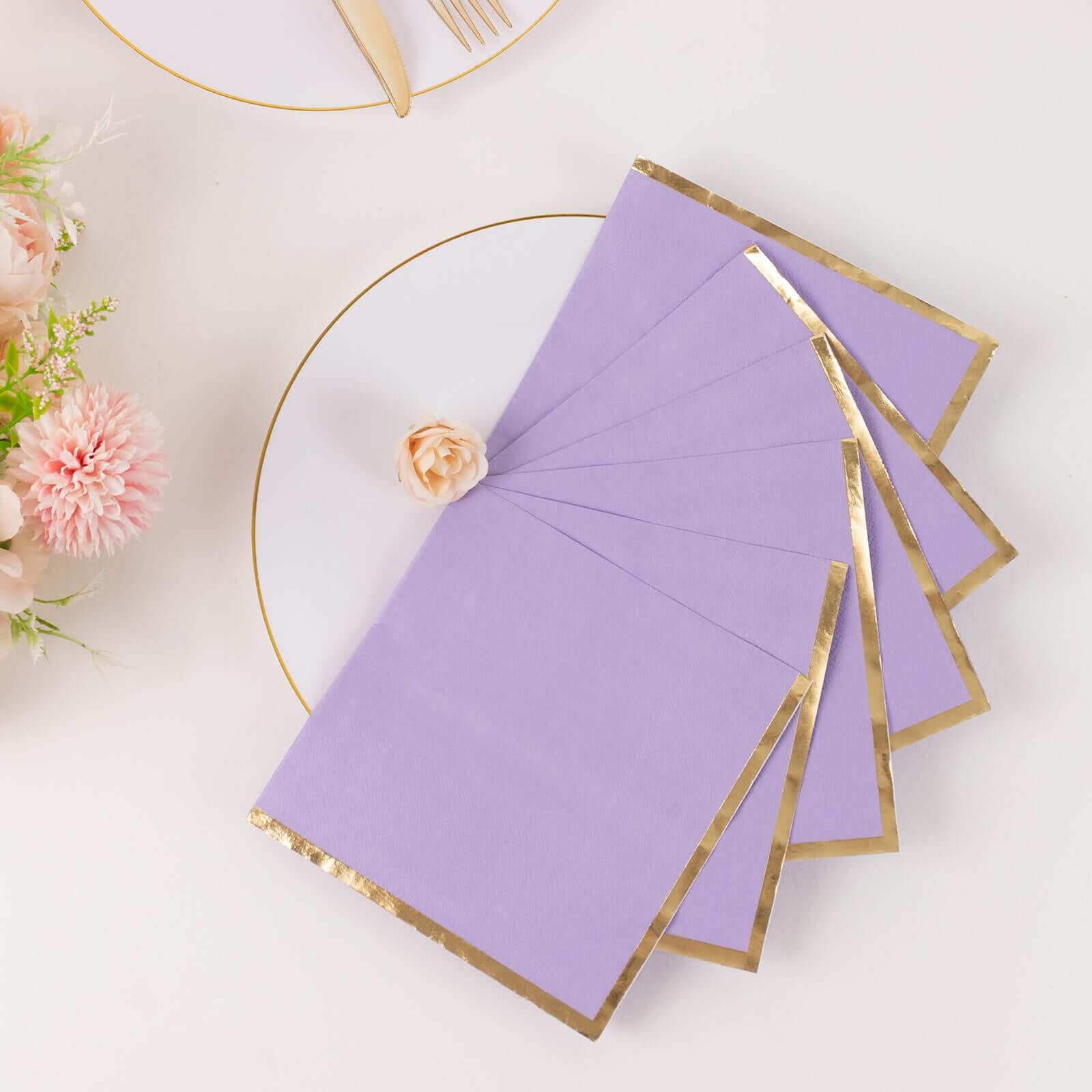 50 - Pack Paper Beverage Napkins with Gold Foil Edge Lavender - Disposable 2 Ply Cocktail Napkins for Events 6.5"x6.5" - Bell Racket Store