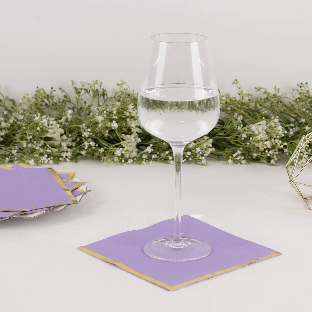 50 - Pack Paper Beverage Napkins with Gold Foil Edge Lavender - Disposable 2 Ply Cocktail Napkins for Events 6.5"x6.5" - Bell Racket Store