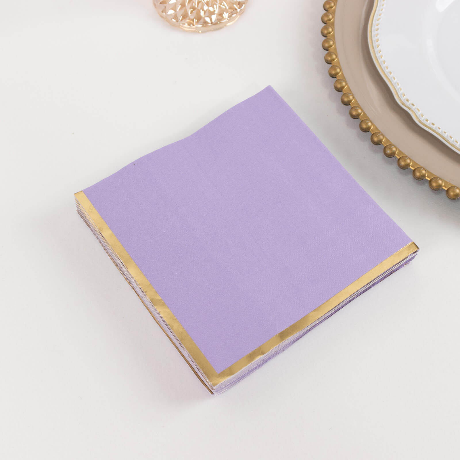 50 - Pack Paper Beverage Napkins with Gold Foil Edge Lavender - Disposable 2 Ply Cocktail Napkins for Events 6.5"x6.5" - Bell Racket Store