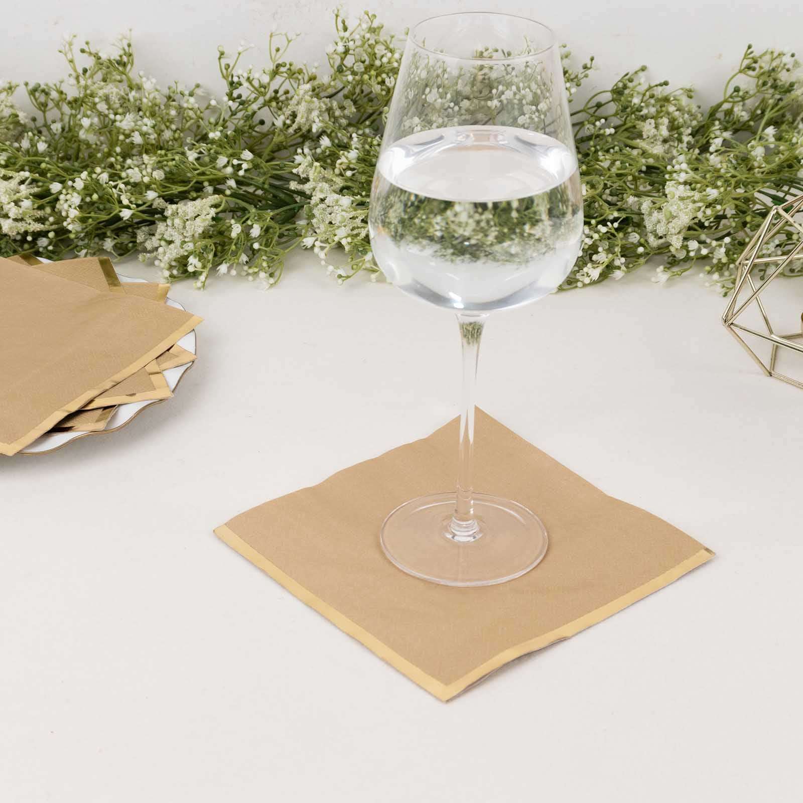 50 - Pack Paper Beverage Napkins with Gold Foil Edge Natural - Disposable 2 Ply Cocktail Napkins for Events 6.5"x6.5" - Bell Racket Store