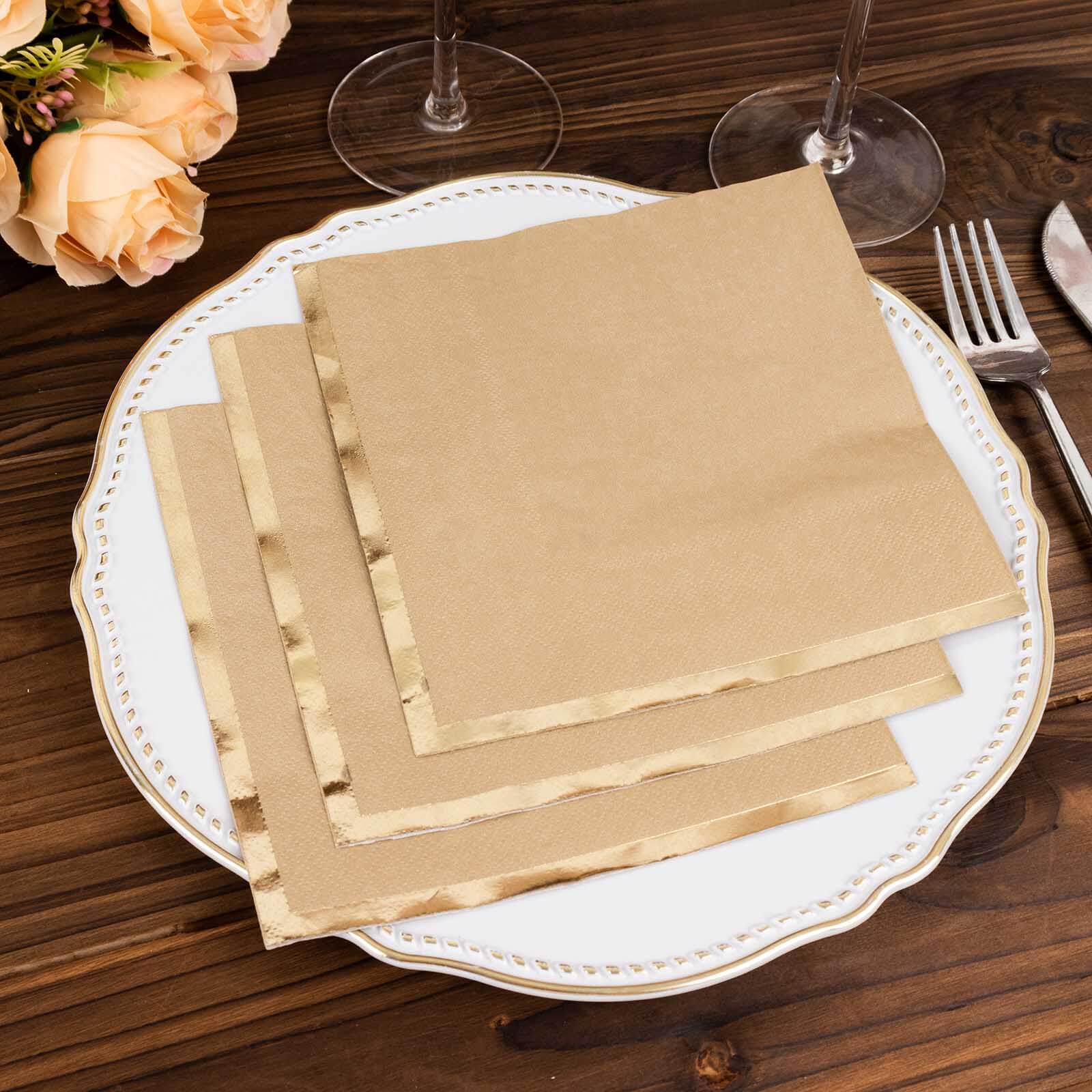 50 - Pack Paper Beverage Napkins with Gold Foil Edge Natural - Disposable 2 Ply Cocktail Napkins for Events 6.5"x6.5" - Bell Racket Store