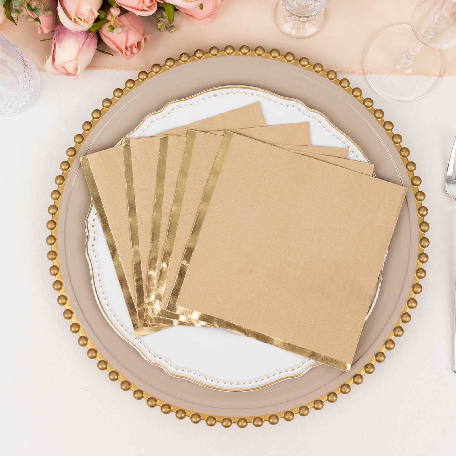 50 - Pack Paper Beverage Napkins with Gold Foil Edge Natural - Disposable 2 Ply Cocktail Napkins for Events 6.5"x6.5" - Bell Racket Store