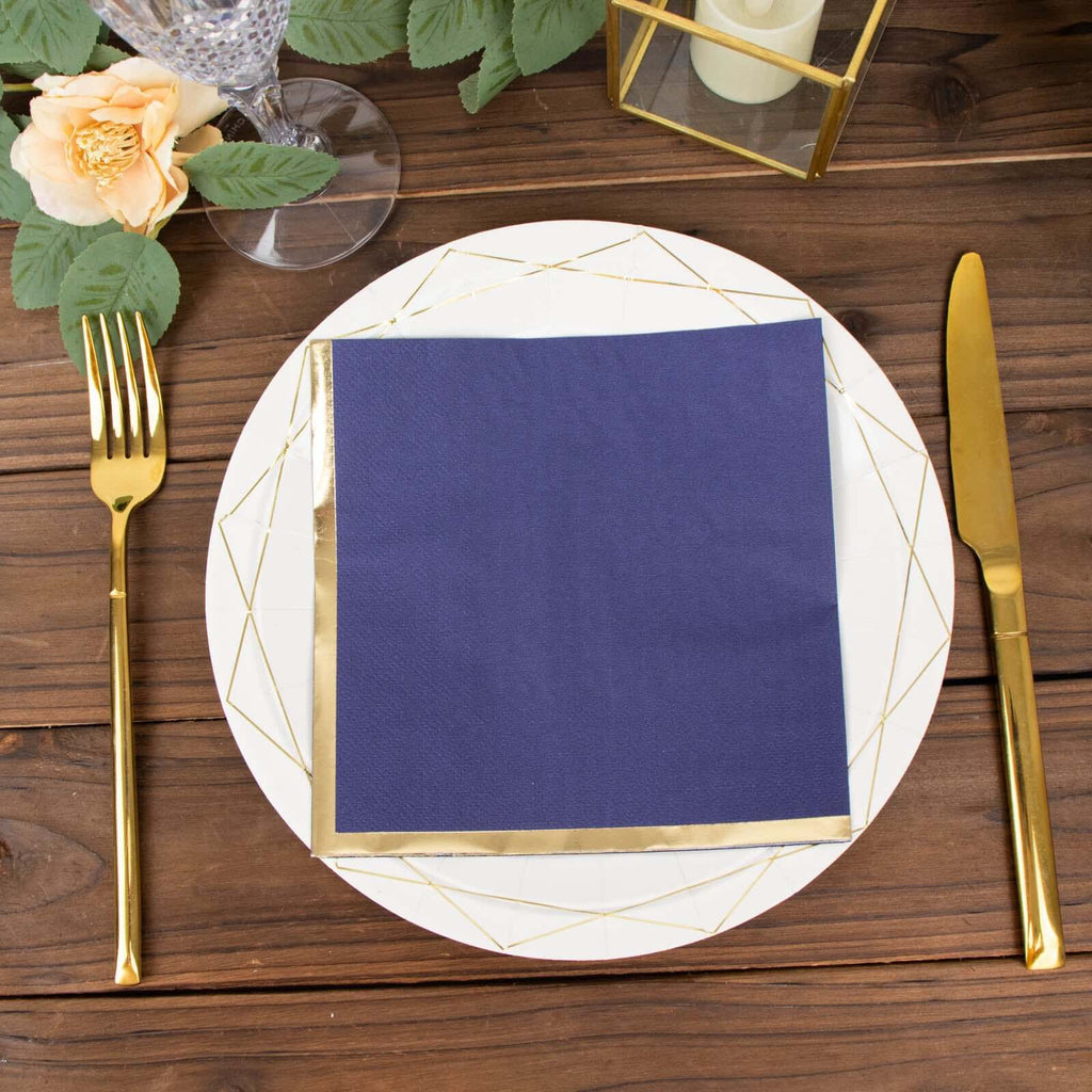 50 - Pack Paper Beverage Napkins with Gold Foil Edge Navy Blue - Disposable 2 Ply Cocktail Napkins for Events 6.5"x6.5" - Bell Racket Store