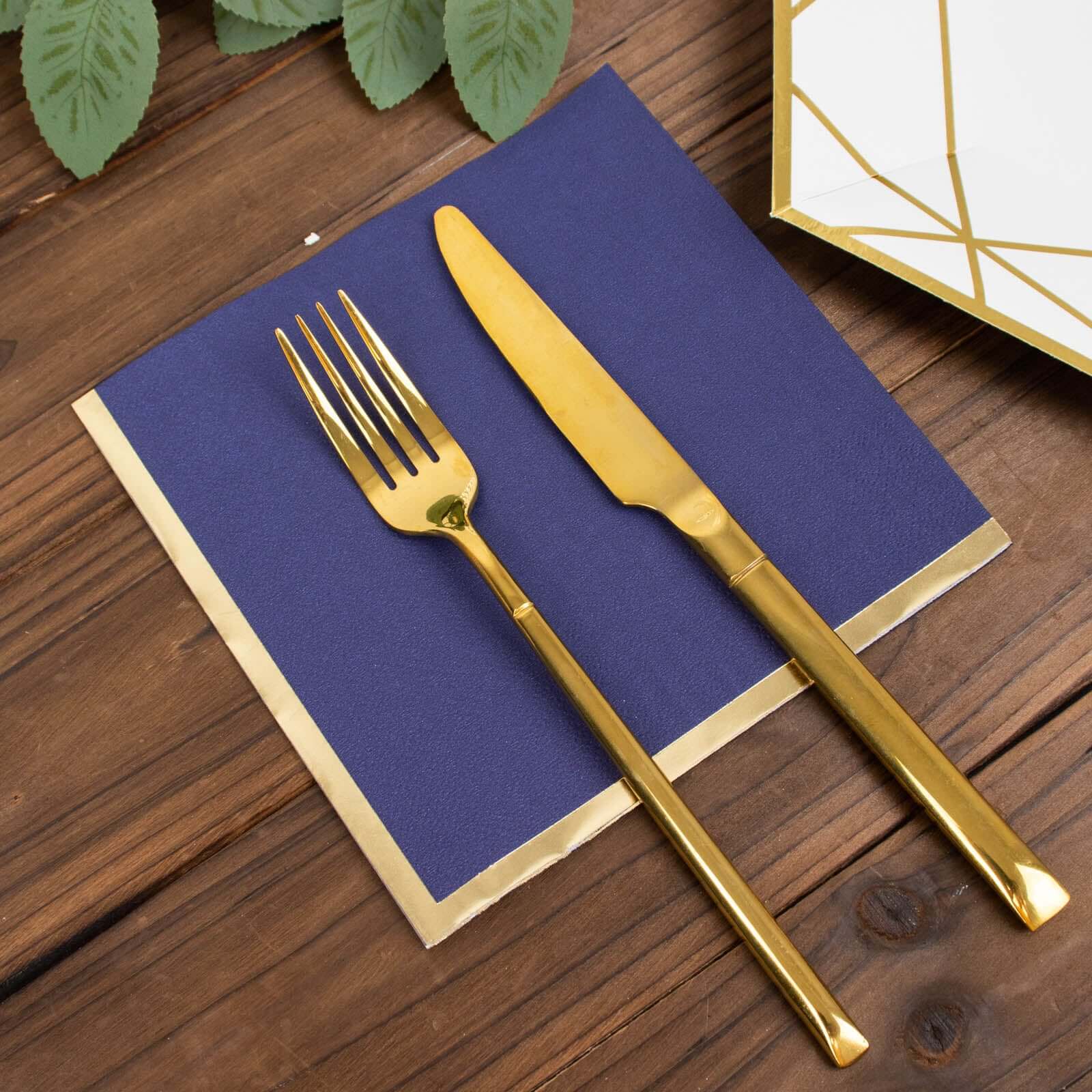 50 - Pack Paper Beverage Napkins with Gold Foil Edge Navy Blue - Disposable 2 Ply Cocktail Napkins for Events 6.5"x6.5" - Bell Racket Store