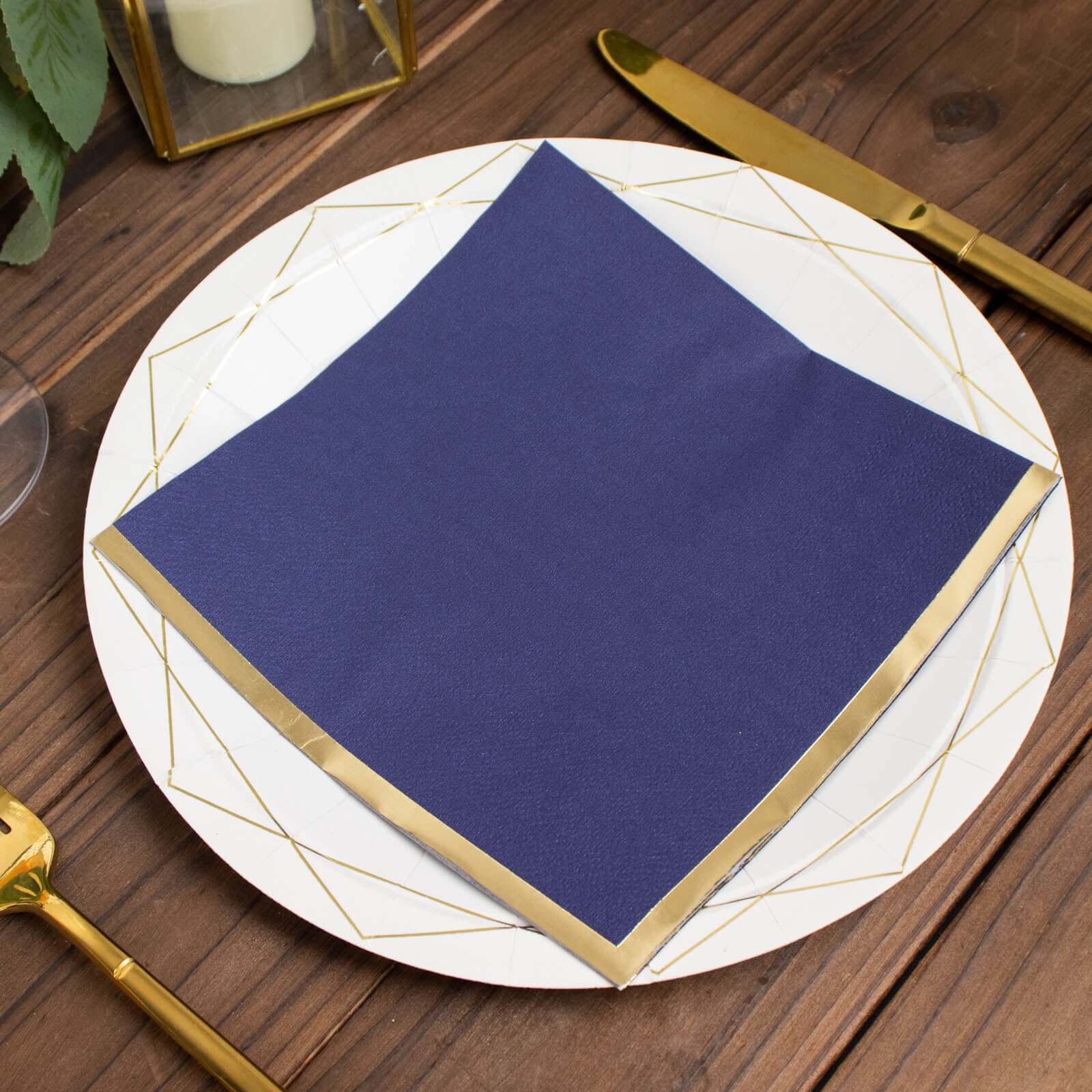 50 - Pack Paper Beverage Napkins with Gold Foil Edge Navy Blue - Disposable 2 Ply Cocktail Napkins for Events 6.5"x6.5" - Bell Racket Store