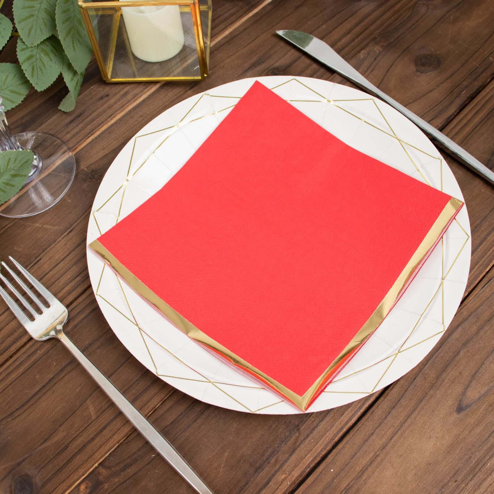 50 - Pack Paper Beverage Napkins with Gold Foil Edge Red - Disposable 2 Ply Cocktail Napkins for Events 6.5"x6.5" - Bell Racket Store