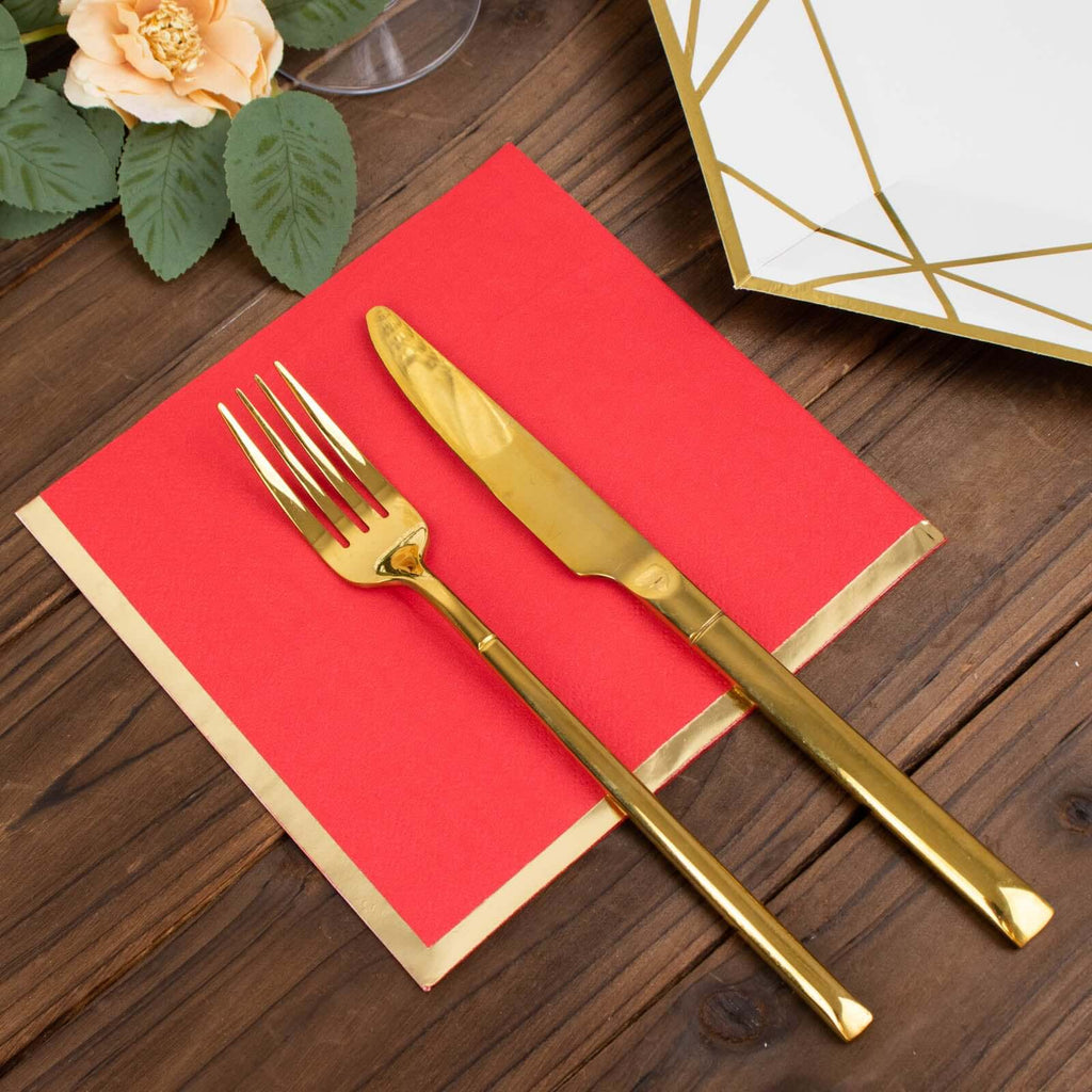 50 - Pack Paper Beverage Napkins with Gold Foil Edge Red - Disposable 2 Ply Cocktail Napkins for Events 6.5"x6.5" - Bell Racket Store