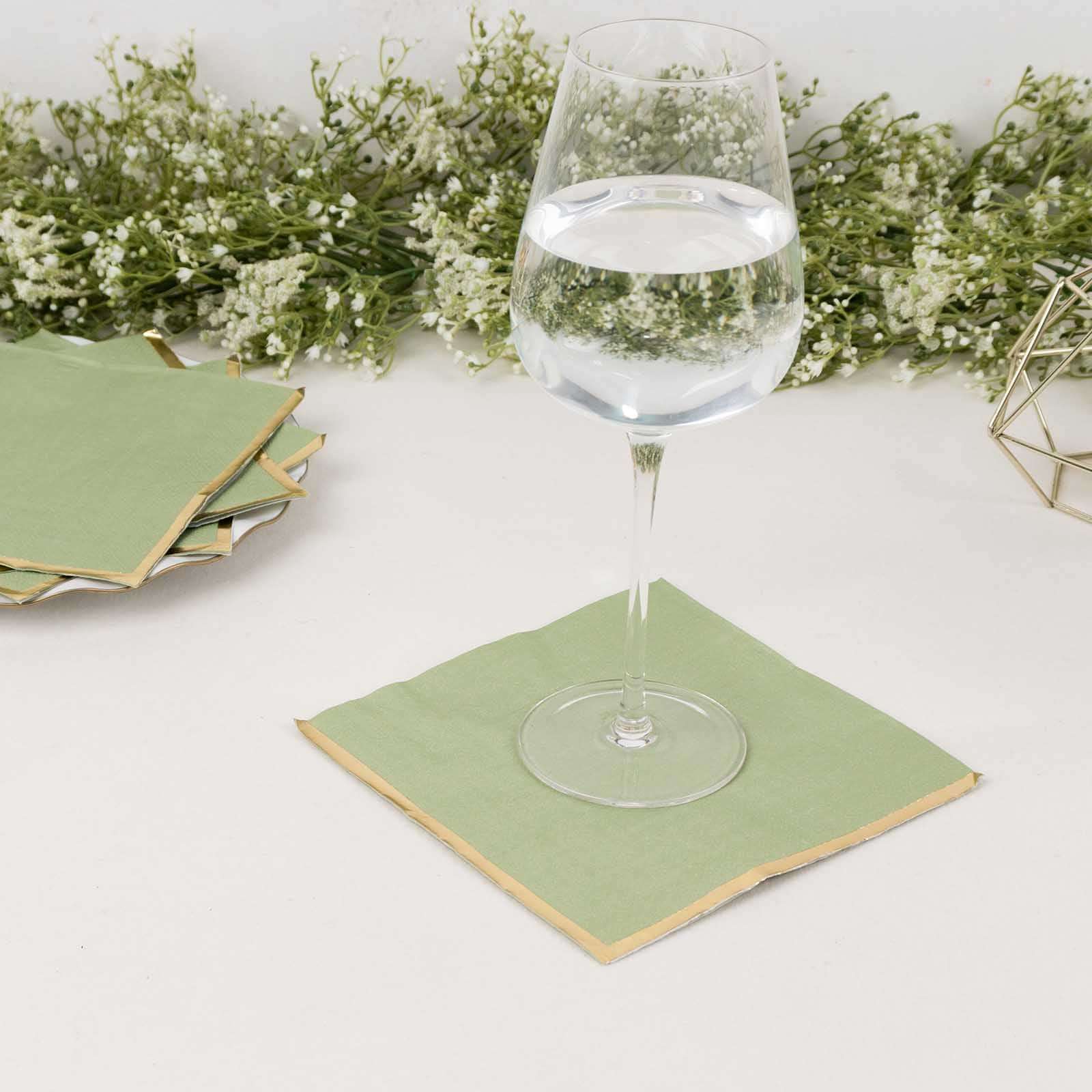 50 - Pack Paper Beverage Napkins with Gold Foil Edge Sage Green - Disposable 2 Ply Cocktail Napkins for Events 6.5"x6.5" - Bell Racket Store