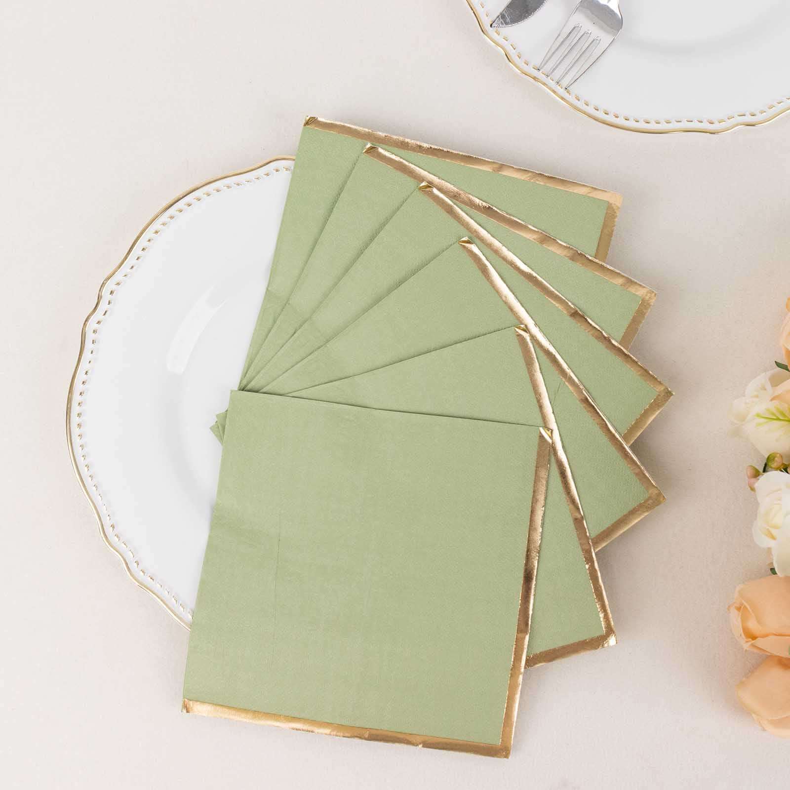 50 - Pack Paper Beverage Napkins with Gold Foil Edge Sage Green - Disposable 2 Ply Cocktail Napkins for Events 6.5"x6.5" - Bell Racket Store