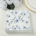 50 - Pack Paper Cocktail Napkins with Blue Magnolia Flowers Print White - Highly 2 Ply Absorbent Soft Napkins for Beverages - Bell Racket Store