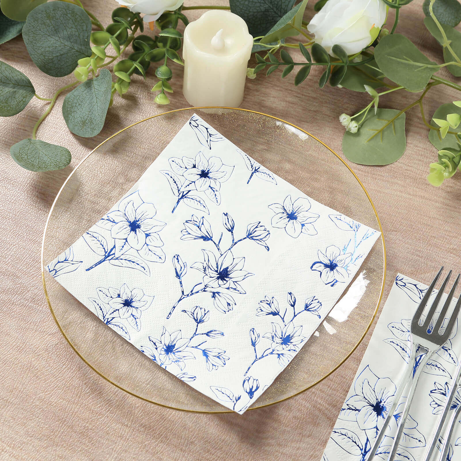50 - Pack Paper Cocktail Napkins with Blue Magnolia Flowers Print White - Highly 2 Ply Absorbent Soft Napkins for Beverages - Bell Racket Store