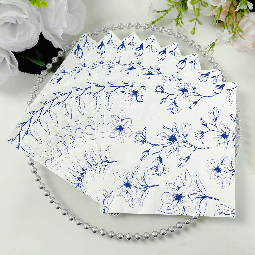 50 - Pack Paper Cocktail Napkins with Blue Magnolia Flowers Print White - Highly 2 Ply Absorbent Soft Napkins for Beverages - Bell Racket Store