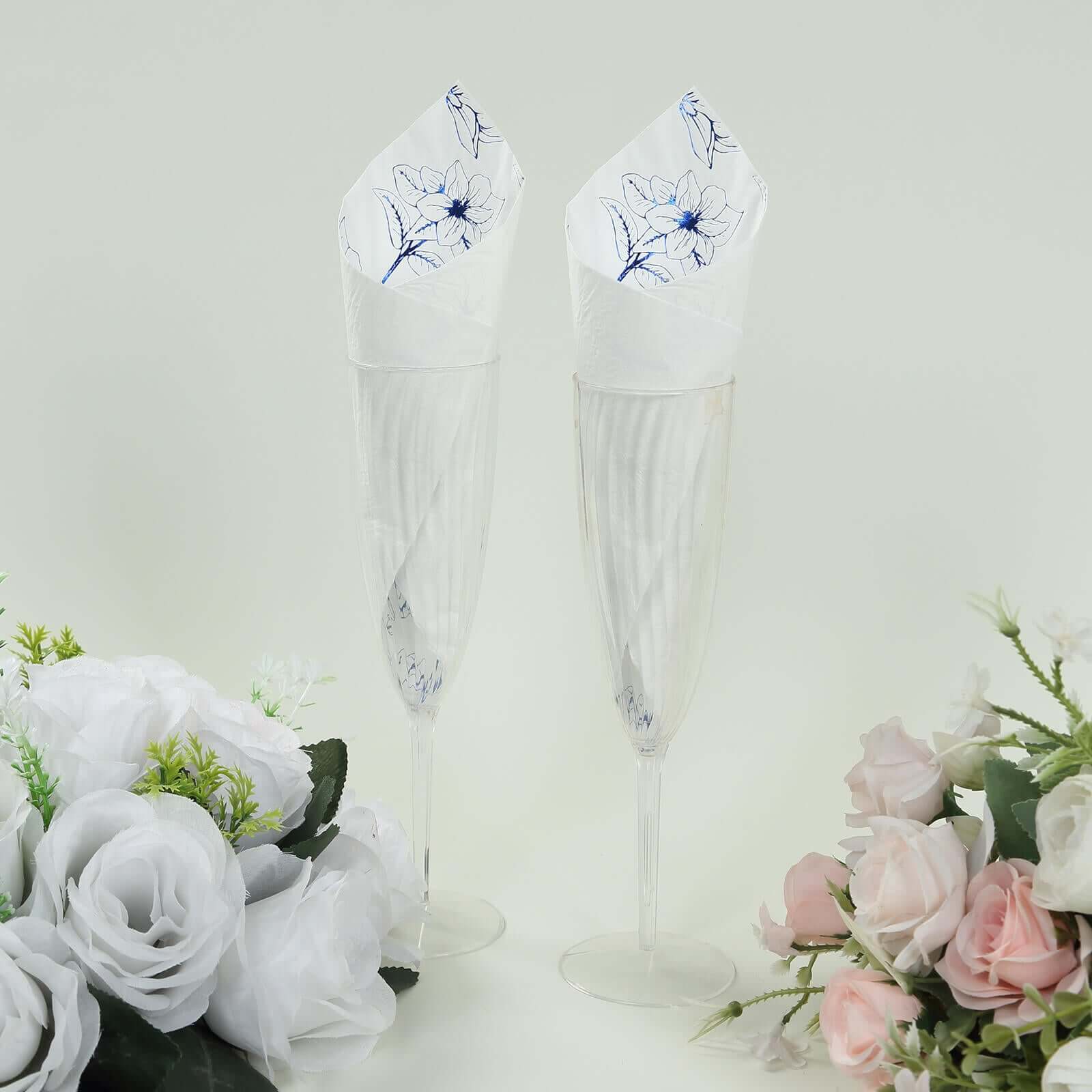 50 - Pack Paper Cocktail Napkins with Blue Magnolia Flowers Print White - Highly 2 Ply Absorbent Soft Napkins for Beverages - Bell Racket Store