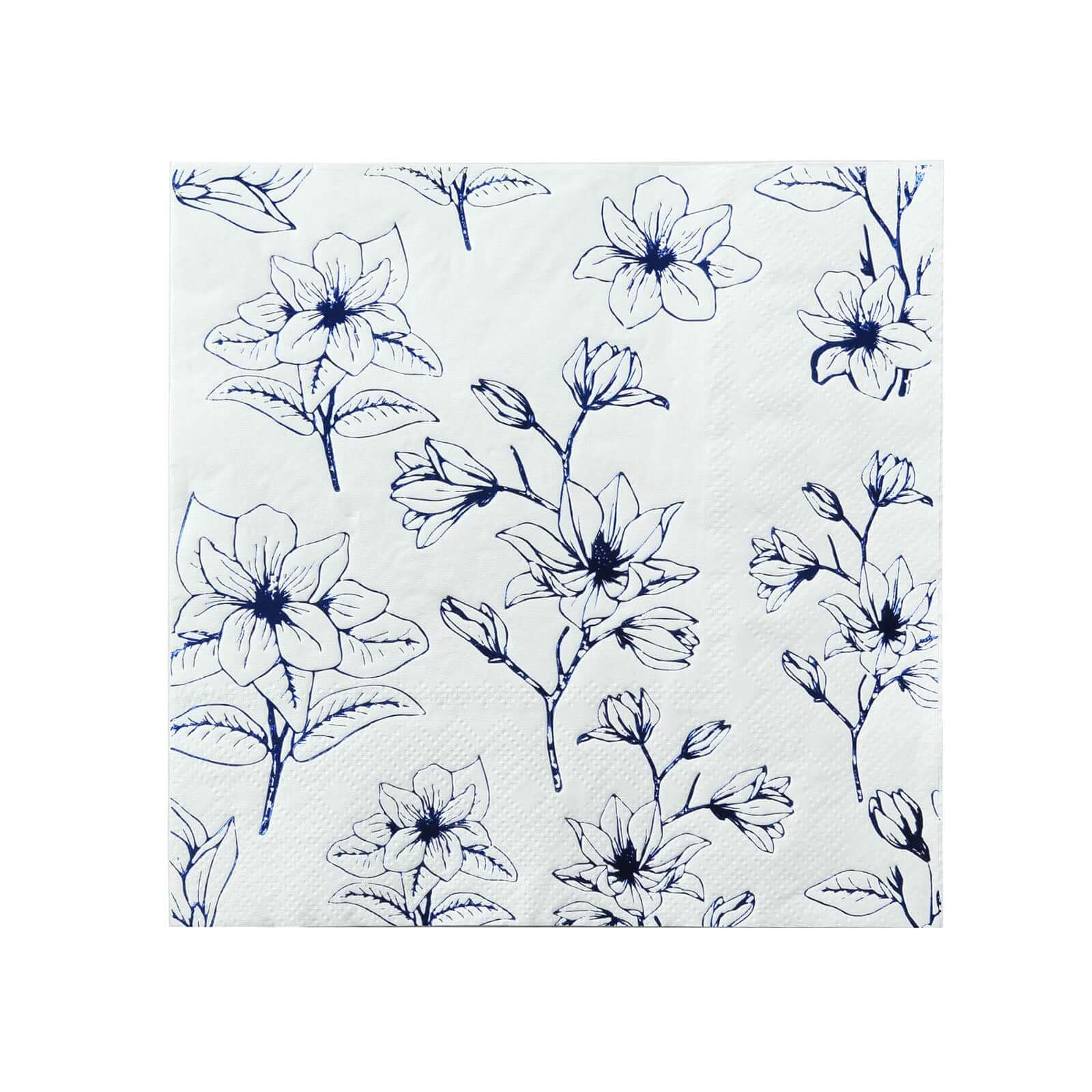 50 - Pack Paper Cocktail Napkins with Blue Magnolia Flowers Print White - Highly 2 Ply Absorbent Soft Napkins for Beverages - Bell Racket Store