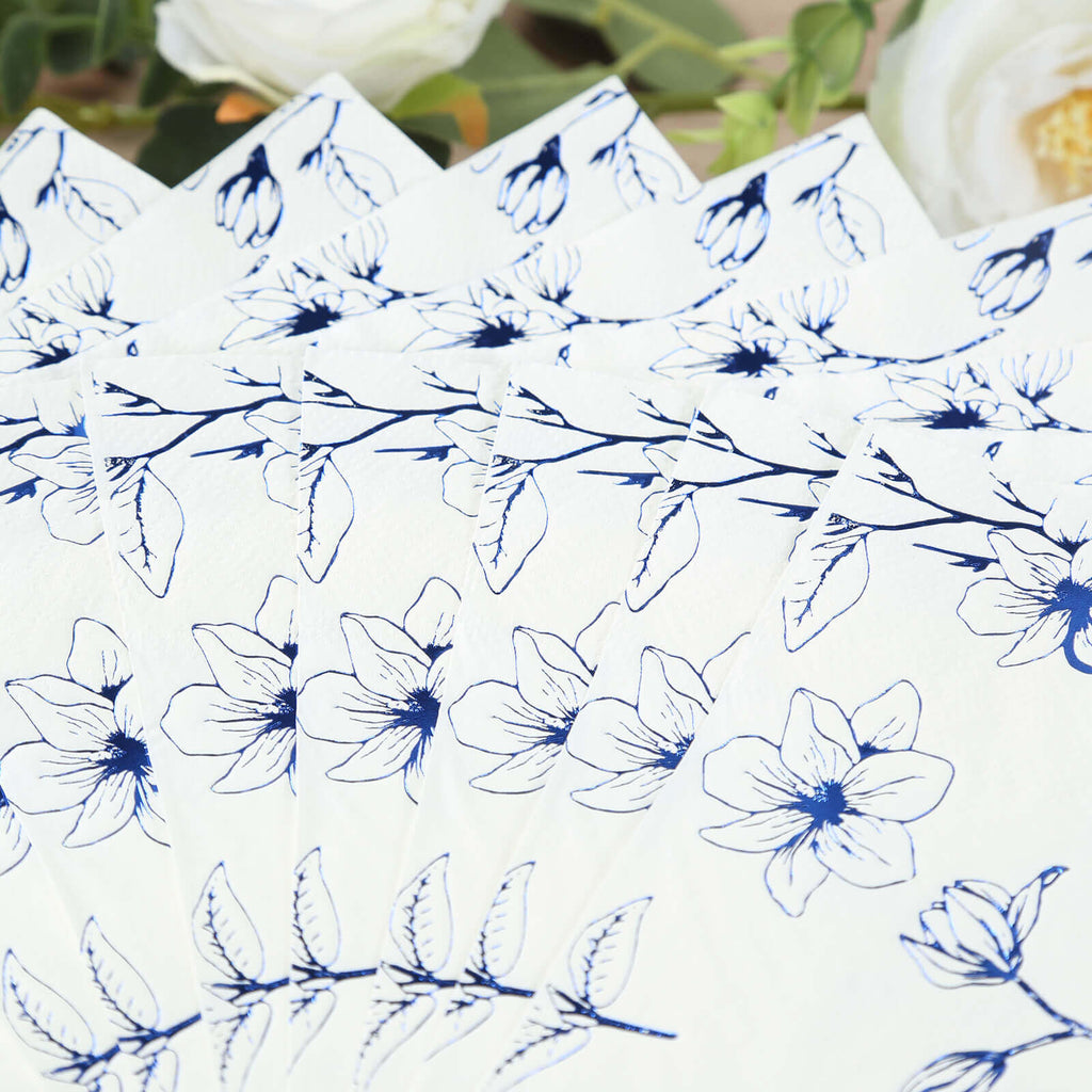 50 - Pack Paper Cocktail Napkins with Blue Magnolia Flowers Print White - Highly 2 Ply Absorbent Soft Napkins for Beverages - Bell Racket Store
