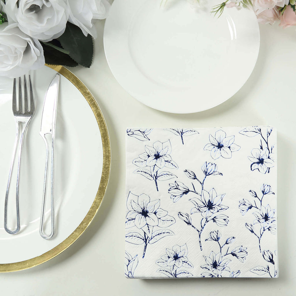 50 - Pack Paper Cocktail Napkins with Blue Magnolia Flowers Print White - Highly 2 Ply Absorbent Soft Napkins for Beverages - Bell Racket Store
