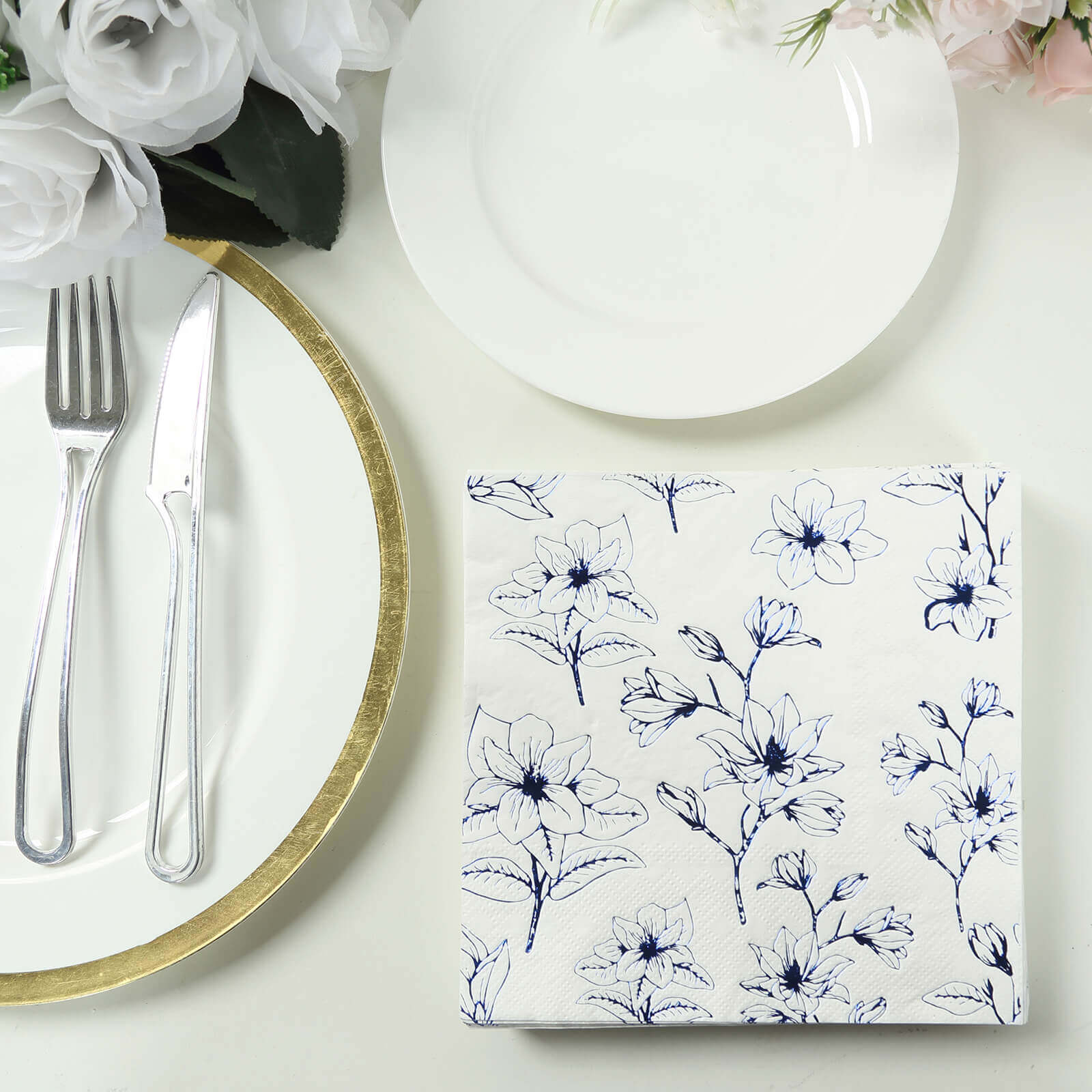 50 - Pack Paper Cocktail Napkins with Blue Magnolia Flowers Print White - Highly 2 Ply Absorbent Soft Napkins for Beverages - Bell Racket Store