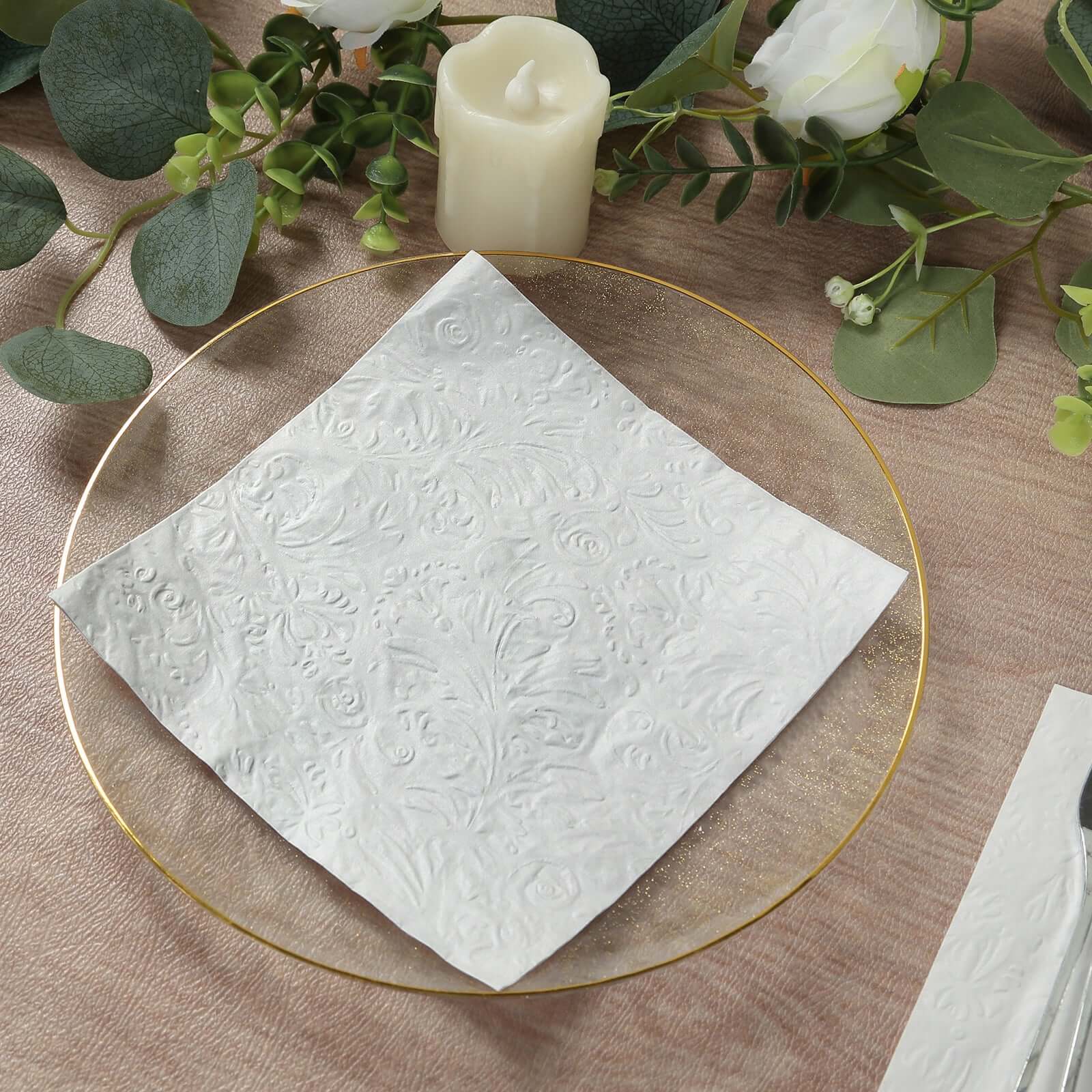 50 - Pack Paper Cocktail Napkins with Embossed French Swirl Pattern White - Soft 2 Ply Beverage Napkins for Events 6.5"x6.5" - Bell Racket Store