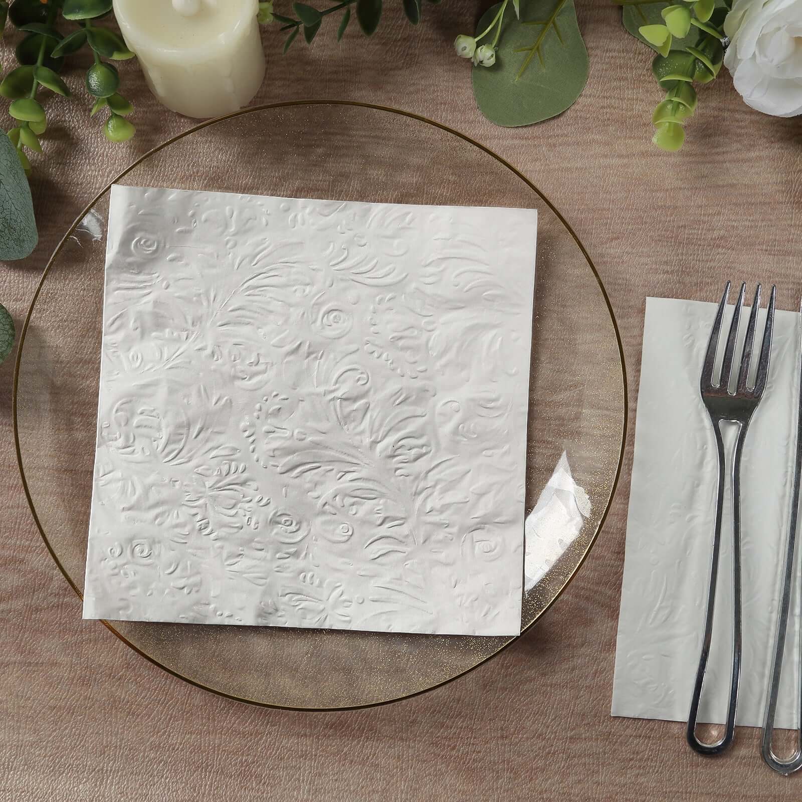 50 - Pack Paper Cocktail Napkins with Embossed French Swirl Pattern White - Soft 2 Ply Beverage Napkins for Events 6.5"x6.5" - Bell Racket Store