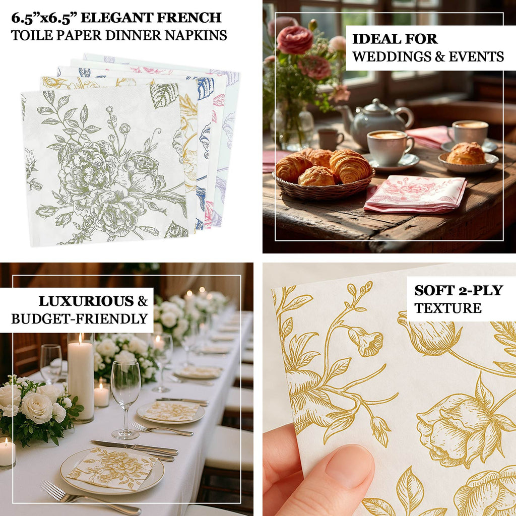 50 - Pack Paper Cocktail Napkins with French Toile Floral Pattern White/Gold - Soft 2 Ply Beverage Napkins for Events - Bell Racket Store