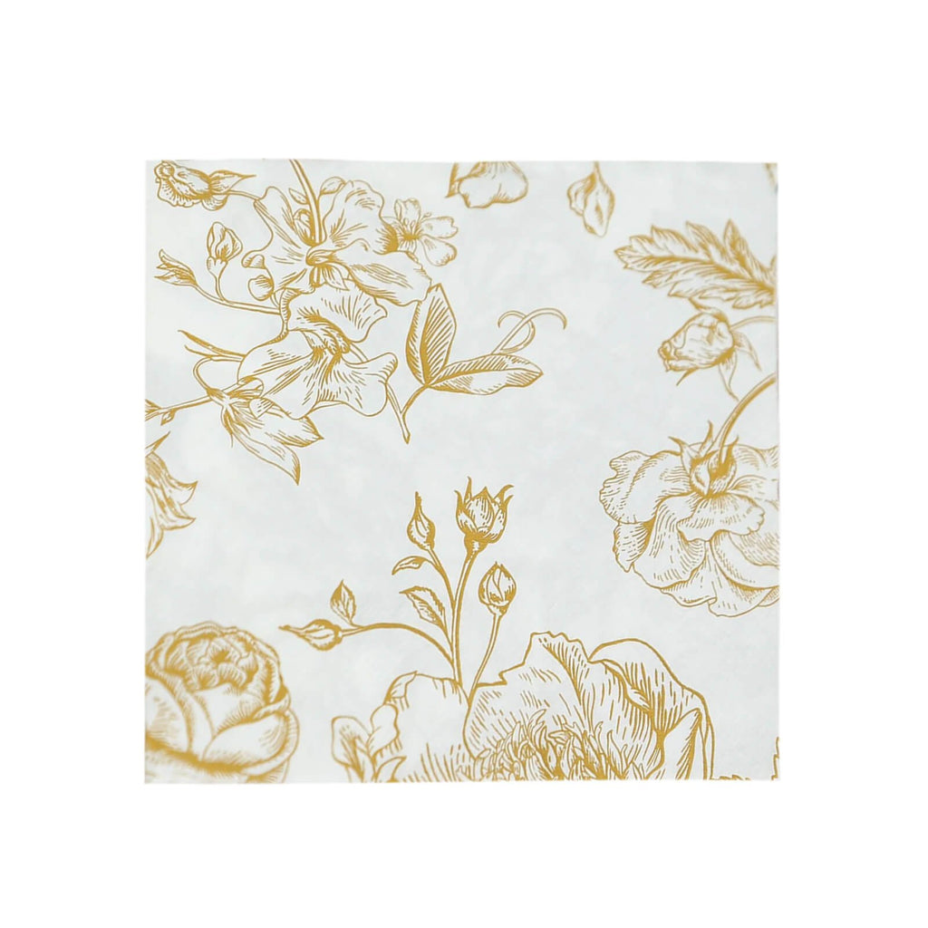 50 - Pack Paper Cocktail Napkins with French Toile Floral Pattern White/Gold - Soft 2 Ply Beverage Napkins for Events - Bell Racket Store