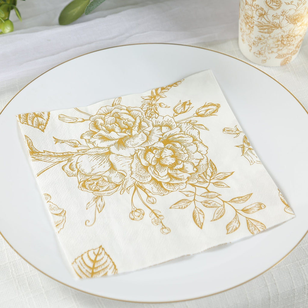 50 - Pack Paper Cocktail Napkins with French Toile Floral Pattern White/Gold - Soft 2 Ply Beverage Napkins for Events - Bell Racket Store