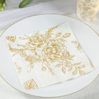 50 - Pack Paper Cocktail Napkins with French Toile Floral Pattern White/Gold - Soft 2 Ply Beverage Napkins for Events - Bell Racket Store