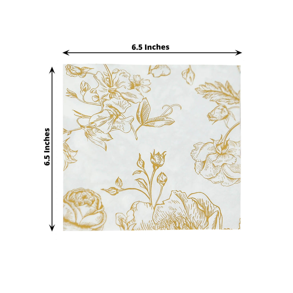 50 - Pack Paper Cocktail Napkins with French Toile Floral Pattern White/Gold - Soft 2 Ply Beverage Napkins for Events - Bell Racket Store