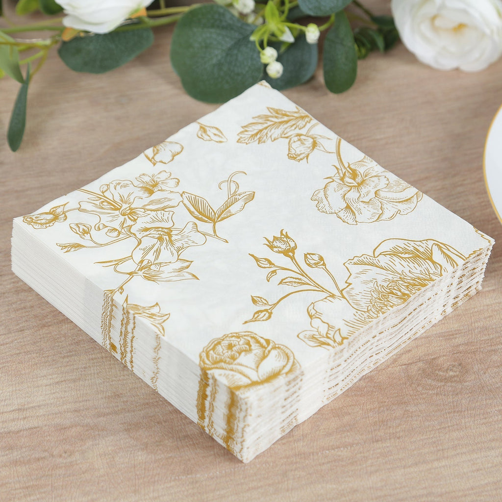 50 - Pack Paper Cocktail Napkins with French Toile Floral Pattern White/Gold - Soft 2 Ply Beverage Napkins for Events - Bell Racket Store