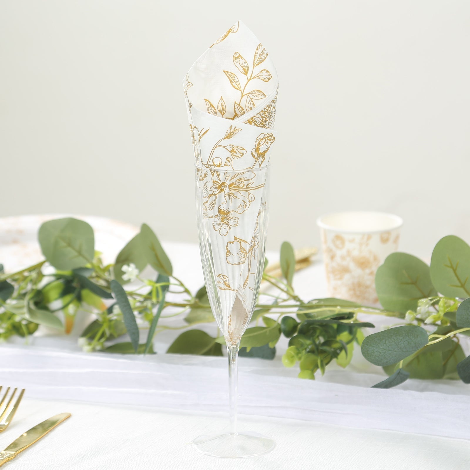 50 - Pack Paper Cocktail Napkins with French Toile Floral Pattern White/Gold - Soft 2 Ply Beverage Napkins for Events - Bell Racket Store