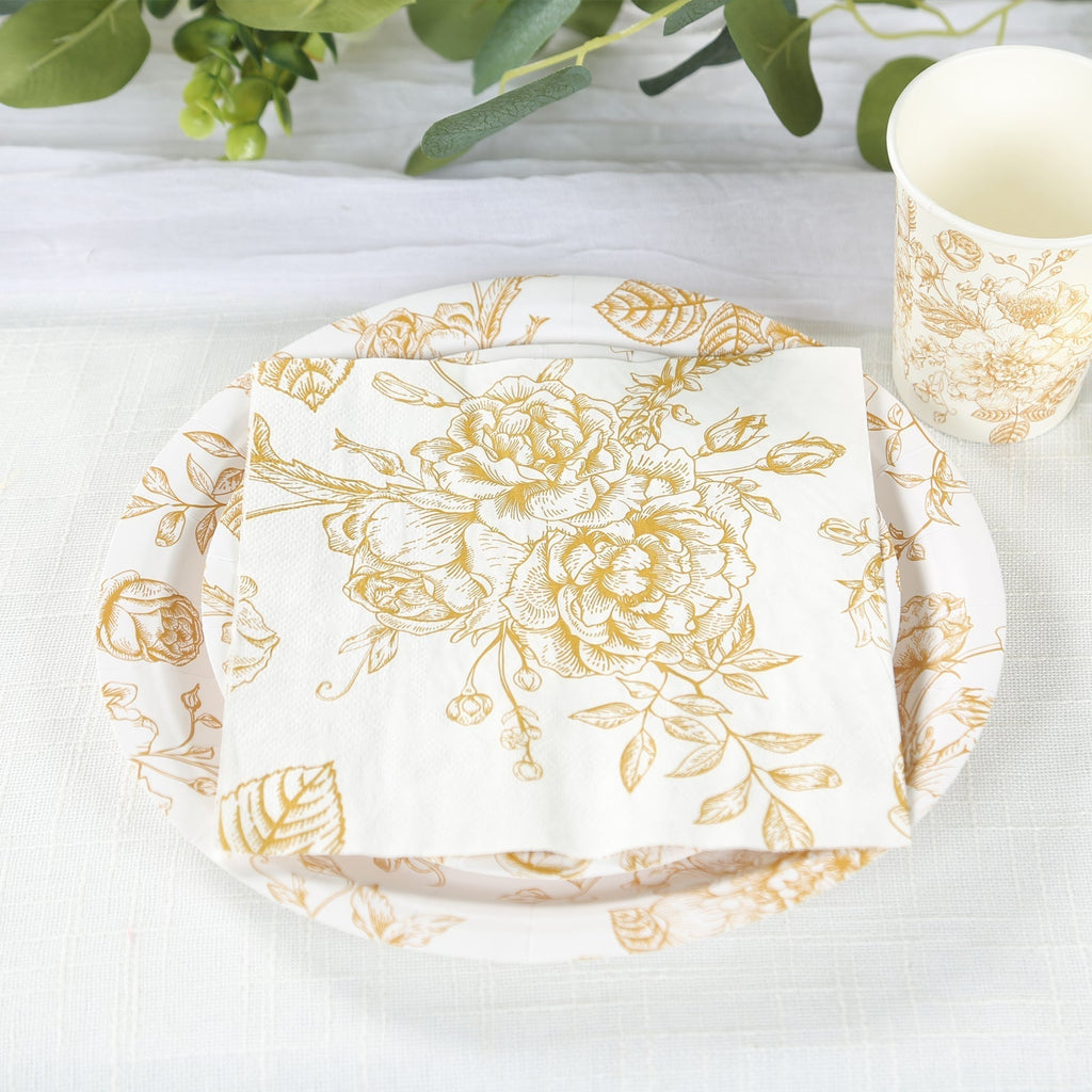 50 - Pack Paper Cocktail Napkins with French Toile Floral Pattern White/Gold - Soft 2 Ply Beverage Napkins for Events - Bell Racket Store