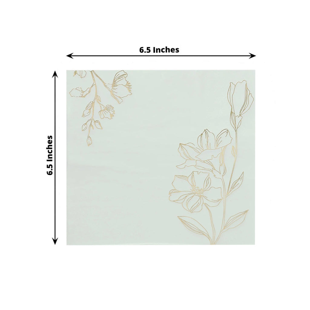 50 - Pack Paper Cocktail Napkins with Gold Lily Flowers Print White - Highly 2 Ply Absorbent Soft Napkins for Beverages - Bell Racket Store