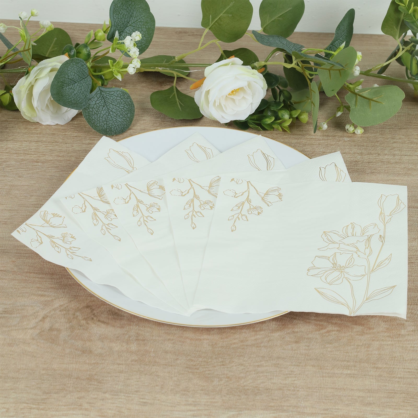 50 - Pack Paper Cocktail Napkins with Gold Lily Flowers Print White - Highly 2 Ply Absorbent Soft Napkins for Beverages - Bell Racket Store