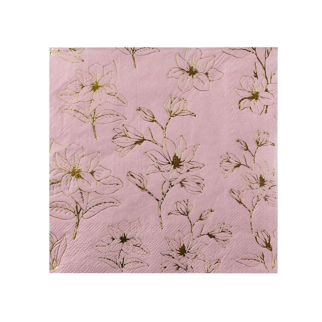 50 - Pack Paper Cocktail Napkins with Gold Magnolia Flowers Print Dusty Rose - Highly 2 Ply Absorbent Soft Napkins for Beverages - Bell Racket Store