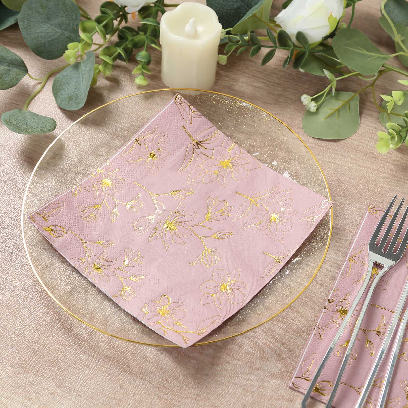 50 - Pack Paper Cocktail Napkins with Gold Magnolia Flowers Print Dusty Rose - Highly 2 Ply Absorbent Soft Napkins for Beverages - Bell Racket Store