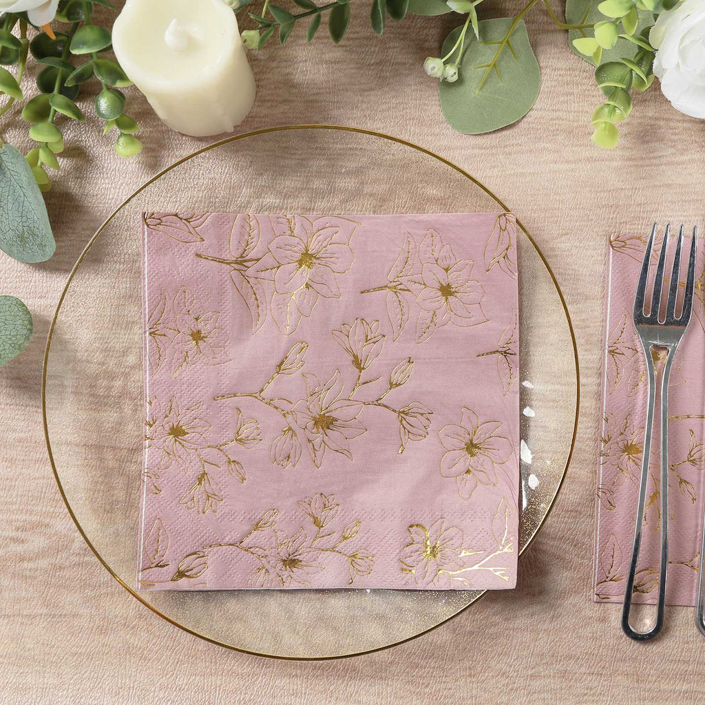 50 - Pack Paper Cocktail Napkins with Gold Magnolia Flowers Print Dusty Rose - Highly 2 Ply Absorbent Soft Napkins for Beverages - Bell Racket Store