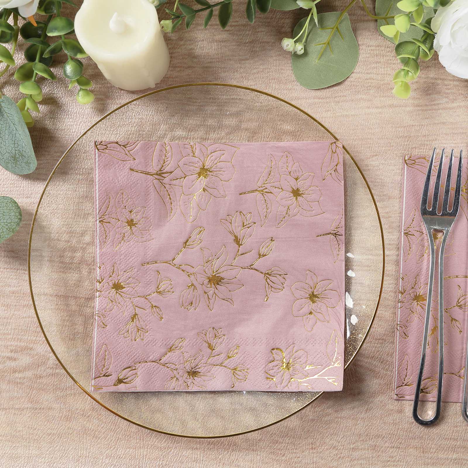 50 - Pack Paper Cocktail Napkins with Gold Magnolia Flowers Print Dusty Rose - Highly 2 Ply Absorbent Soft Napkins for Beverages - Bell Racket Store