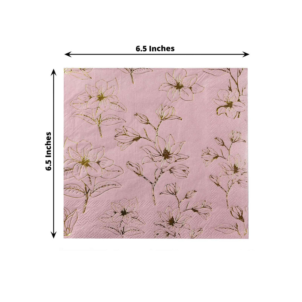 50 - Pack Paper Cocktail Napkins with Gold Magnolia Flowers Print Dusty Rose - Highly 2 Ply Absorbent Soft Napkins for Beverages - Bell Racket Store