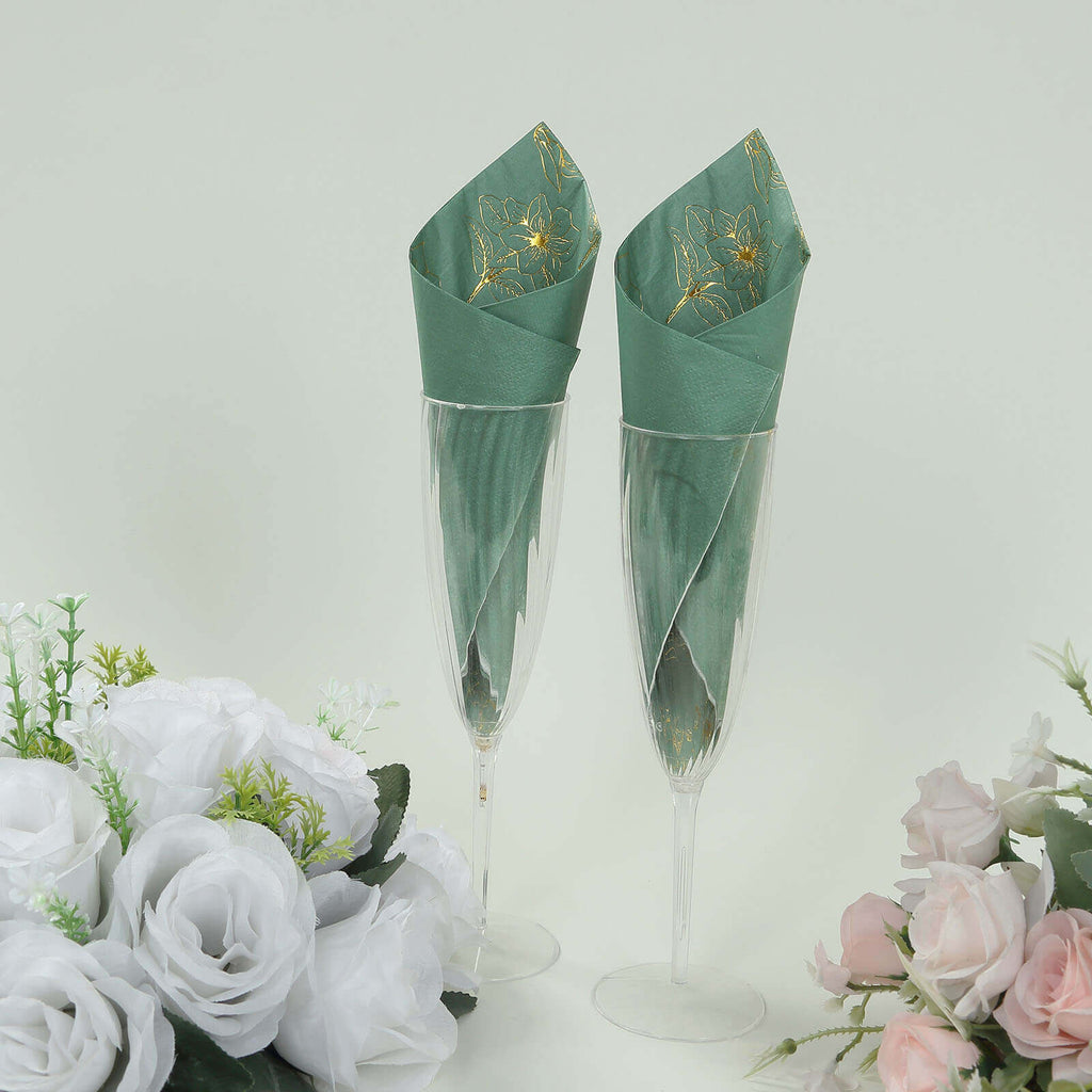 50 - Pack Paper Cocktail Napkins with Gold Magnolia Flowers Print Dusty Sage Green - Highly 2 Ply Absorbent Soft Napkins for Beverages - Bell Racket Store