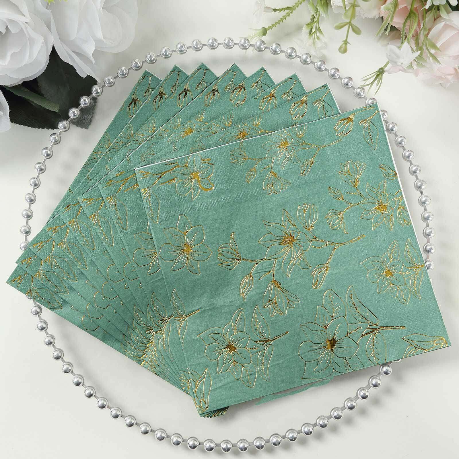 50 - Pack Paper Cocktail Napkins with Gold Magnolia Flowers Print Dusty Sage Green - Highly 2 Ply Absorbent Soft Napkins for Beverages - Bell Racket Store