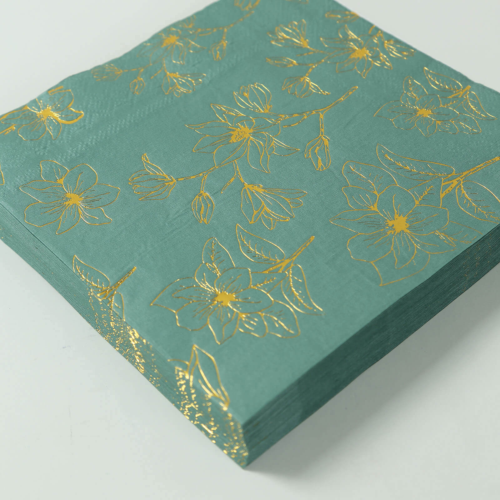 50 - Pack Paper Cocktail Napkins with Gold Magnolia Flowers Print Dusty Sage Green - Highly 2 Ply Absorbent Soft Napkins for Beverages - Bell Racket Store