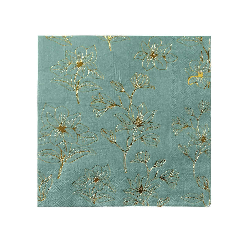 50 - Pack Paper Cocktail Napkins with Gold Magnolia Flowers Print Dusty Sage Green - Highly 2 Ply Absorbent Soft Napkins for Beverages - Bell Racket Store