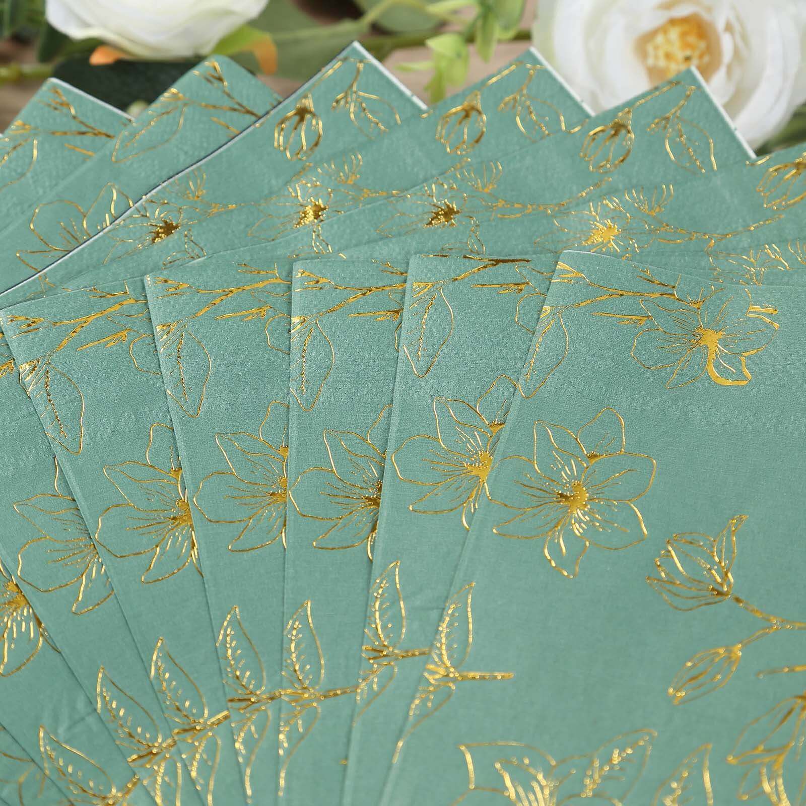 50 - Pack Paper Cocktail Napkins with Gold Magnolia Flowers Print Dusty Sage Green - Highly 2 Ply Absorbent Soft Napkins for Beverages - Bell Racket Store