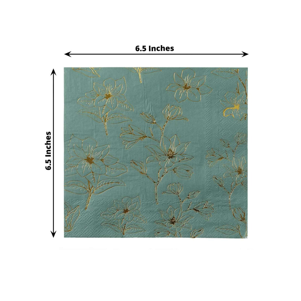 50 - Pack Paper Cocktail Napkins with Gold Magnolia Flowers Print Dusty Sage Green - Highly 2 Ply Absorbent Soft Napkins for Beverages - Bell Racket Store