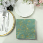 50 - Pack Paper Cocktail Napkins with Gold Magnolia Flowers Print Dusty Sage Green - Highly 2 Ply Absorbent Soft Napkins for Beverages - Bell Racket Store
