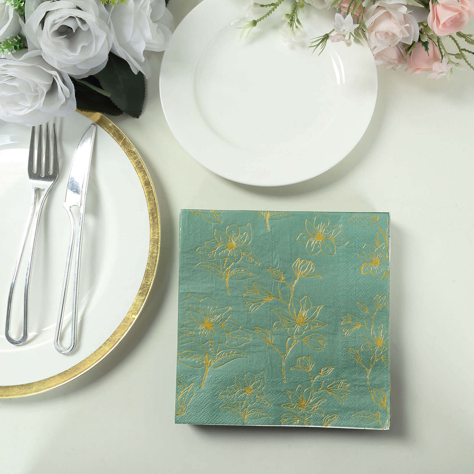 50 - Pack Paper Cocktail Napkins with Gold Magnolia Flowers Print Dusty Sage Green - Highly 2 Ply Absorbent Soft Napkins for Beverages - Bell Racket Store