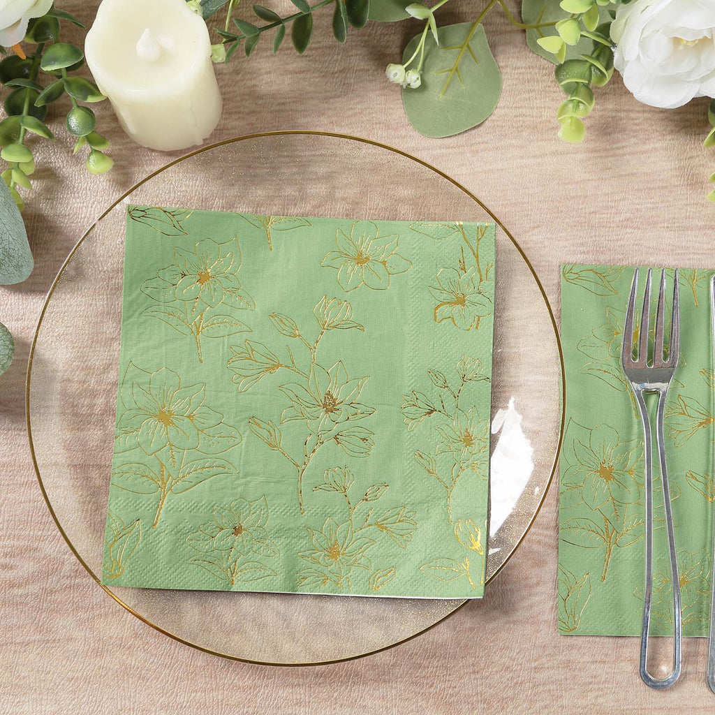 50 - Pack Paper Cocktail Napkins with Gold Magnolia Flowers Print Sage Green - Highly 2 Ply Absorbent Soft Napkins for Beverages - Bell Racket Store