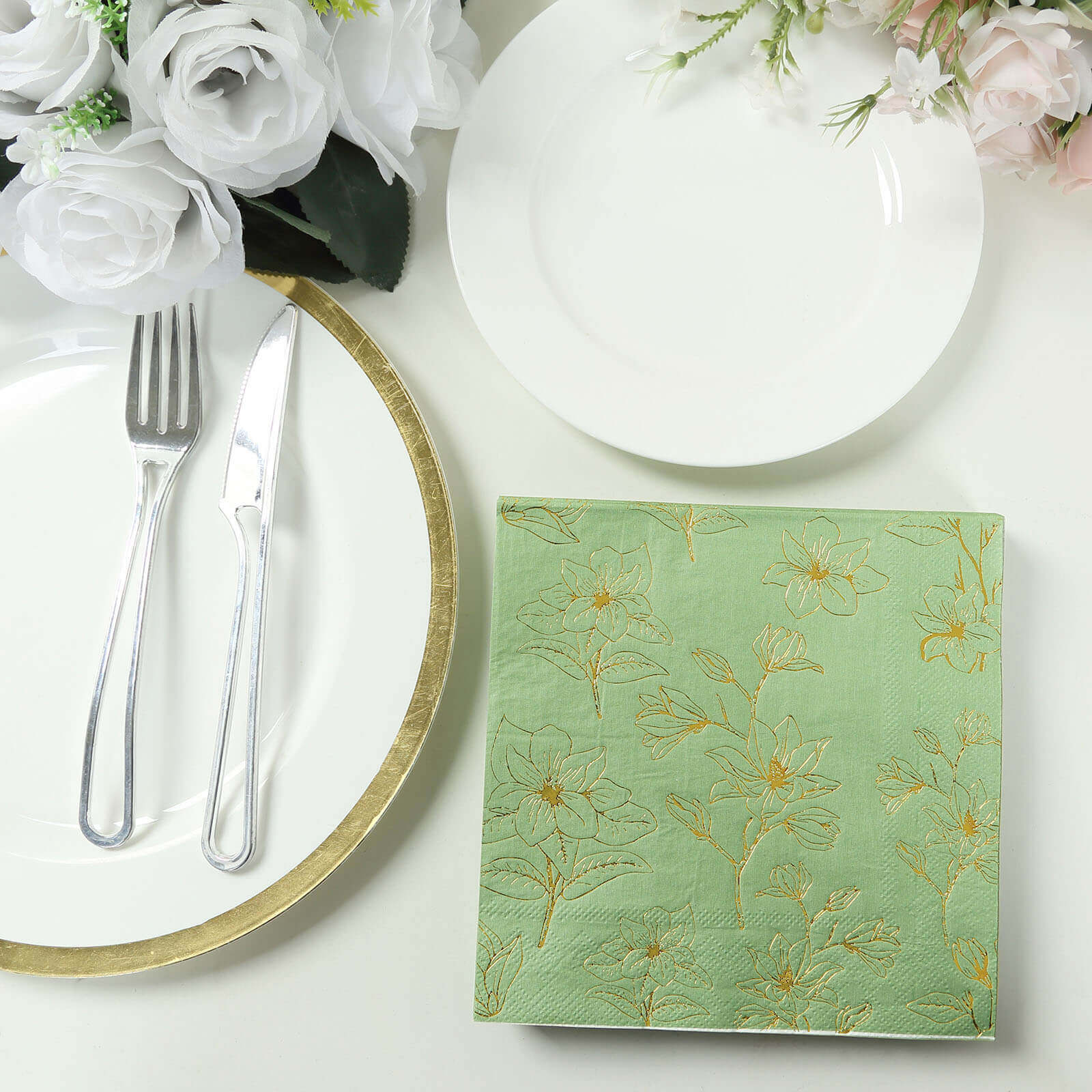 50 - Pack Paper Cocktail Napkins with Gold Magnolia Flowers Print Sage Green - Highly 2 Ply Absorbent Soft Napkins for Beverages - Bell Racket Store