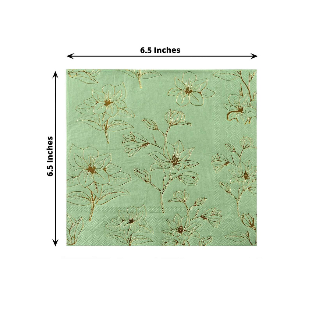 50 - Pack Paper Cocktail Napkins with Gold Magnolia Flowers Print Sage Green - Highly 2 Ply Absorbent Soft Napkins for Beverages - Bell Racket Store